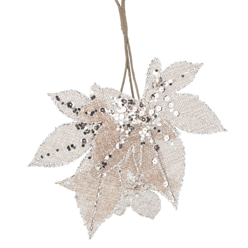 Gisela Graham 29cm Hessian Maple Leaves with Glitter Pick - White