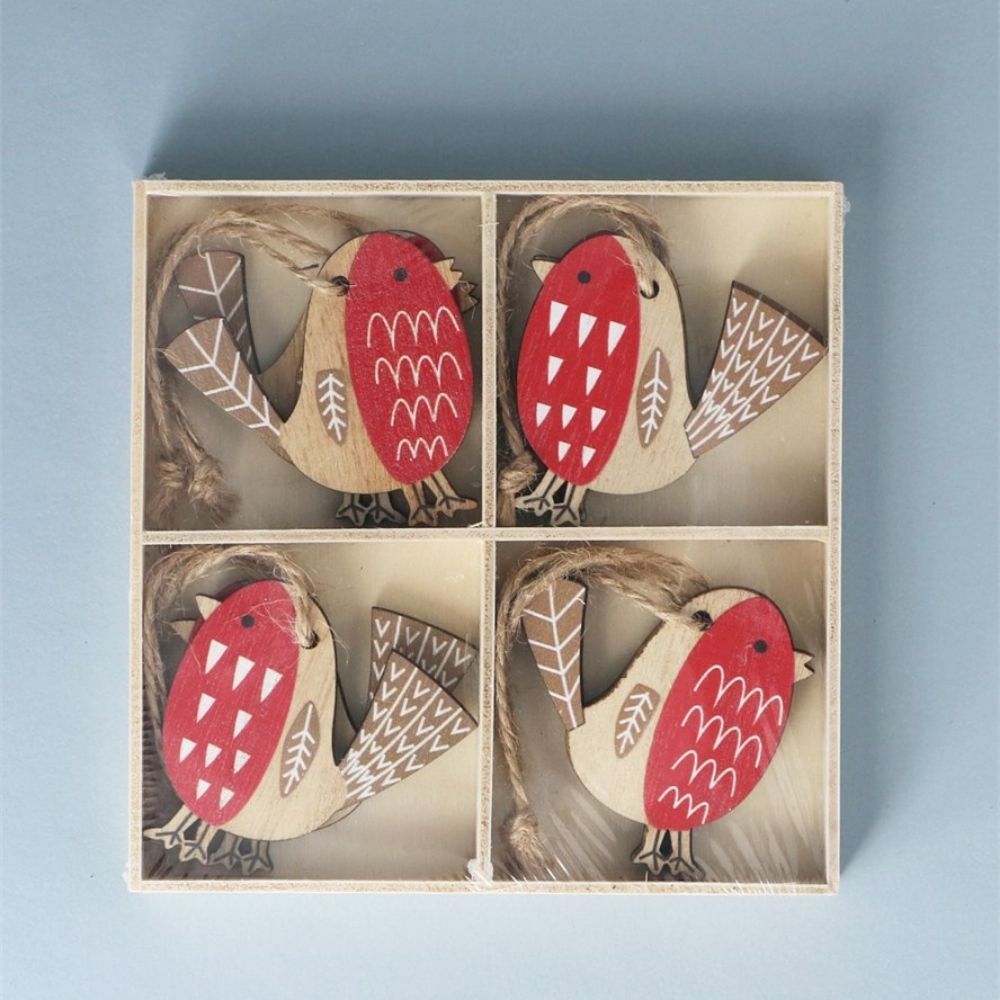 Gisela Graham 6cm Wooden Painted Robin Hanging Decoration - (Set of 8)