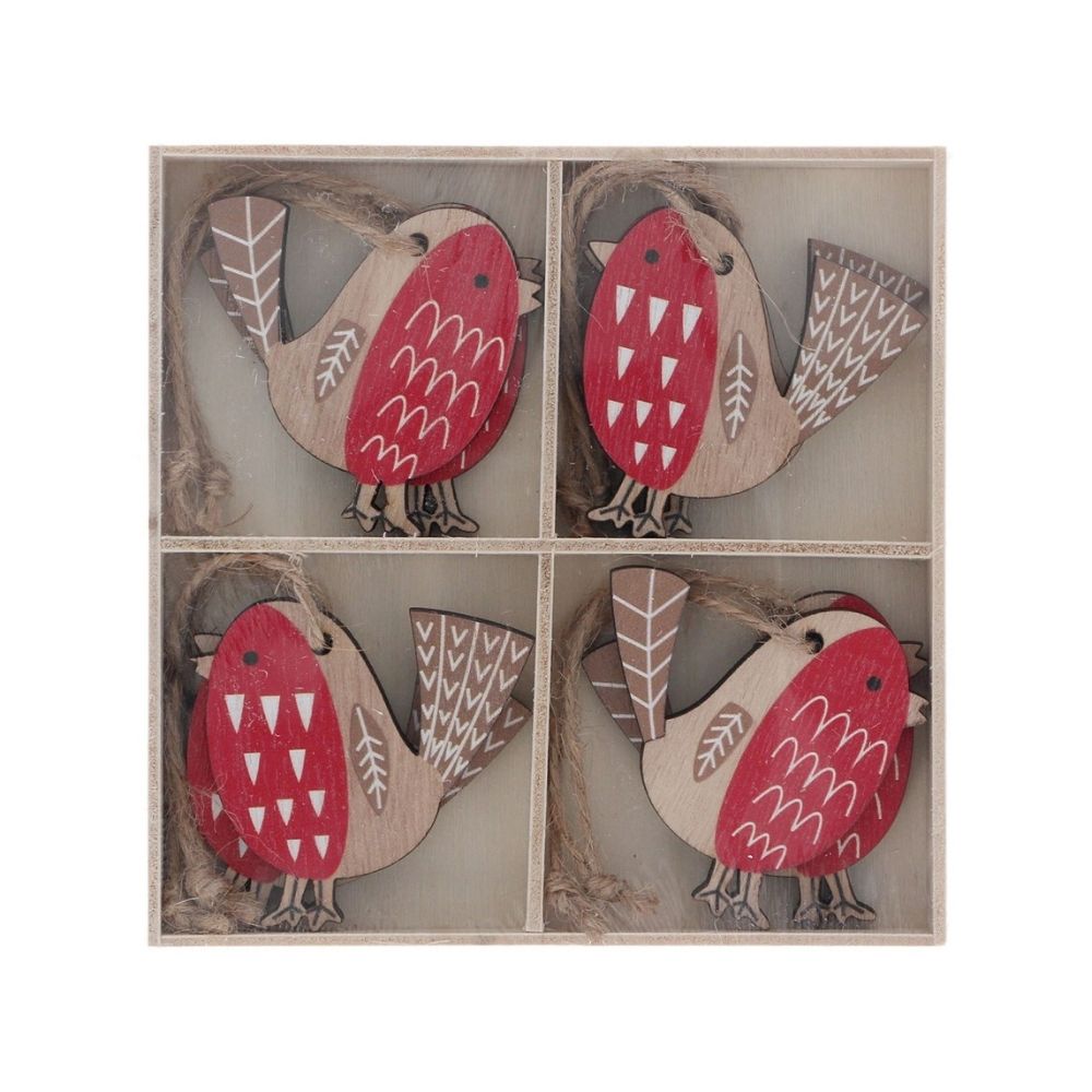 Gisela Graham 6cm Wooden Painted Robin Hanging Decoration - (Set of 8)