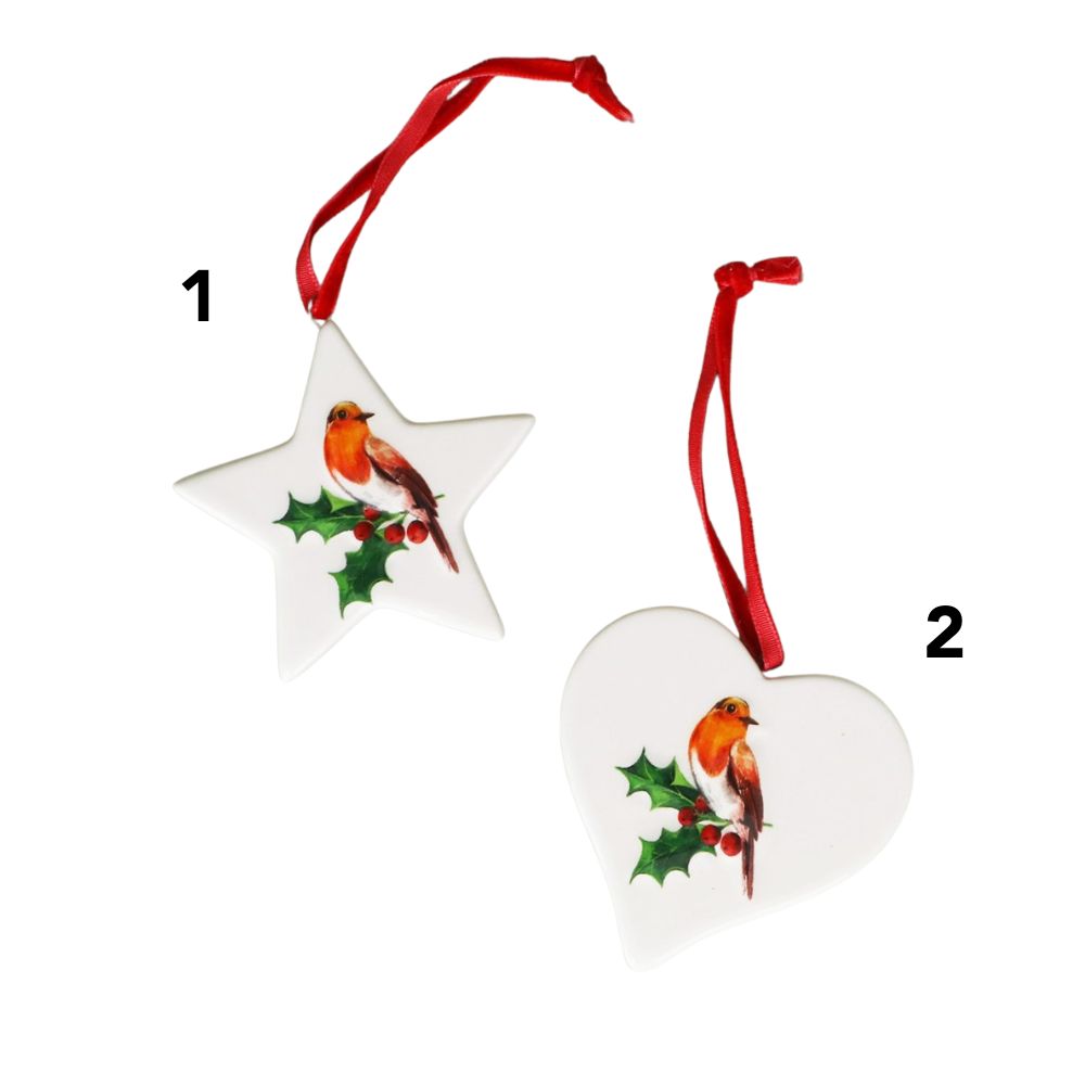 Gisela Graham 7cm Ceramic Star/Heart with Robin Hanging Decoration - (Choice of 2)