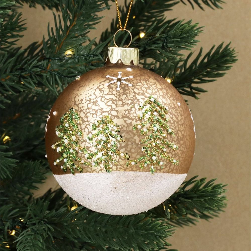 Gisela Graham Bauble - Mottled Gold & White with Sparkling Trees