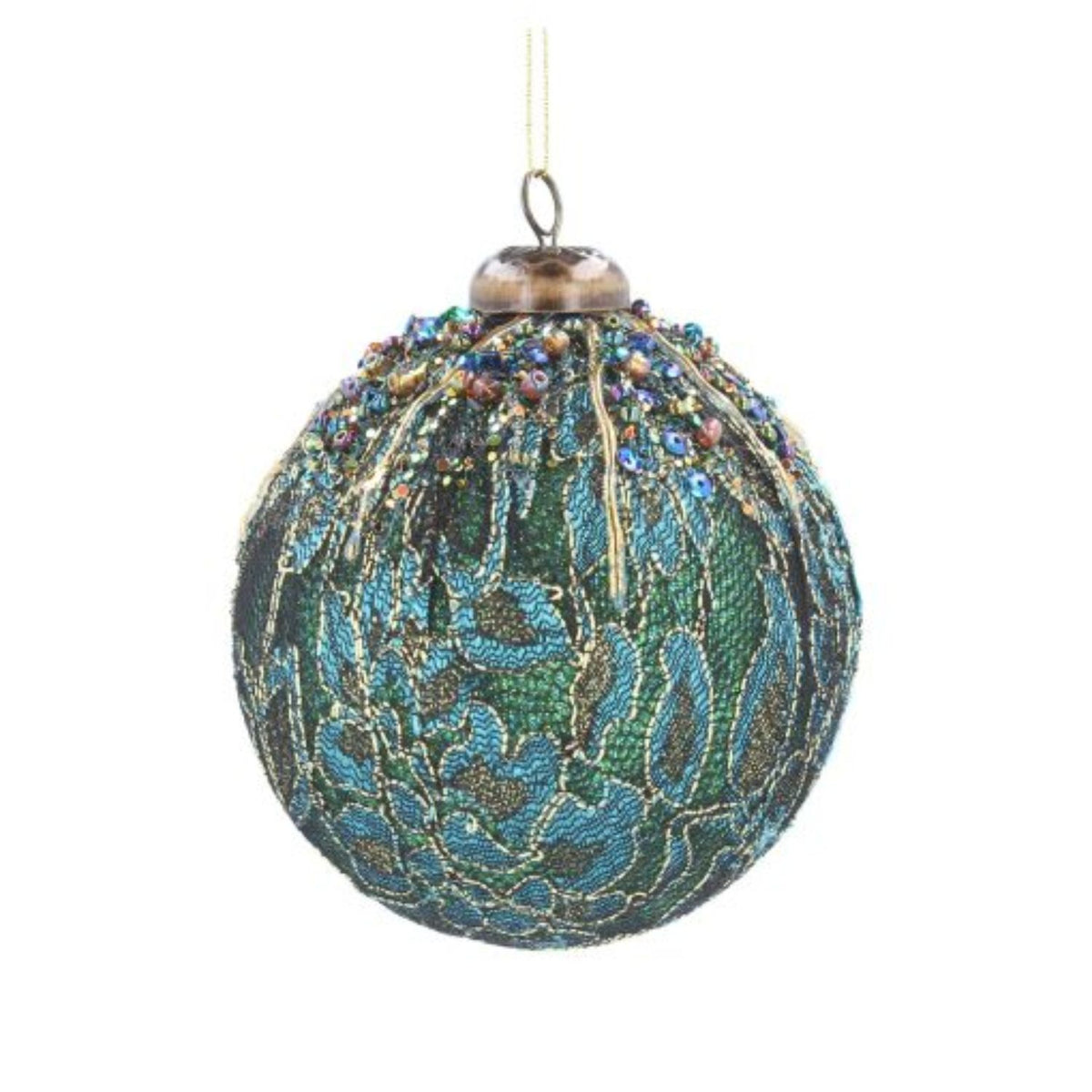 Gisela Graham Beaded Bauble with Flowers - Blue