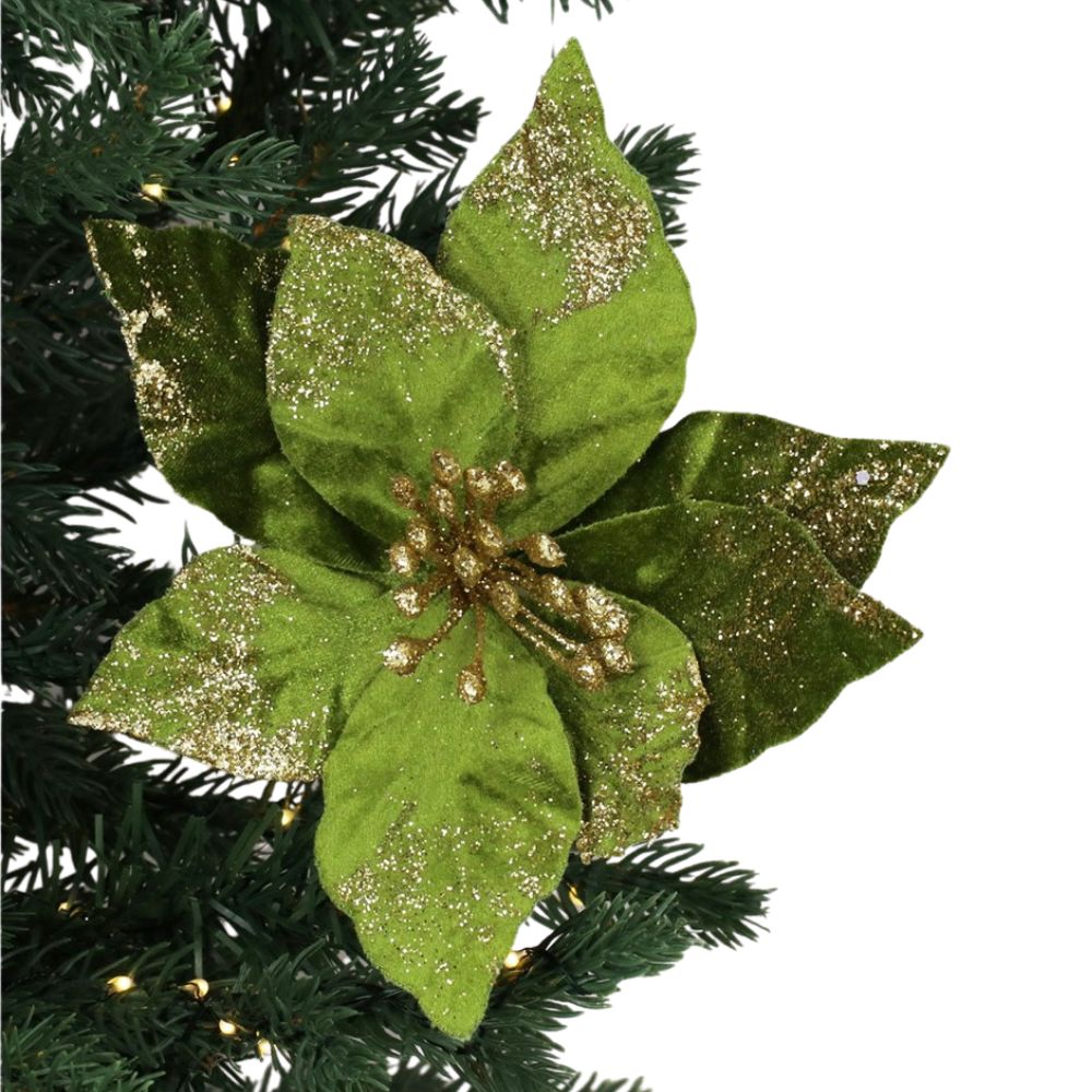 Gisela Graham Dark Green/Gold Fabric Poinsettia Pick