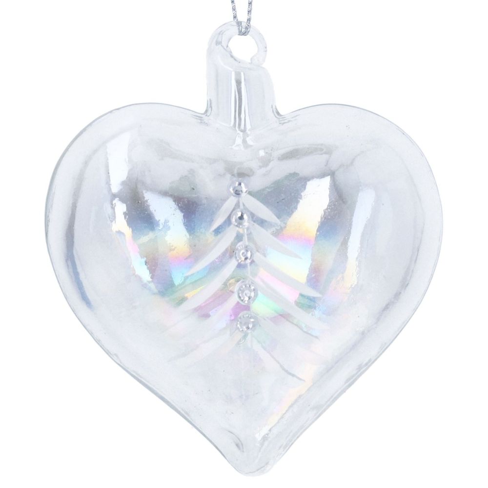 Gisela Graham Glass Heart with Etched Tree Hanging Decoration - Iridescent