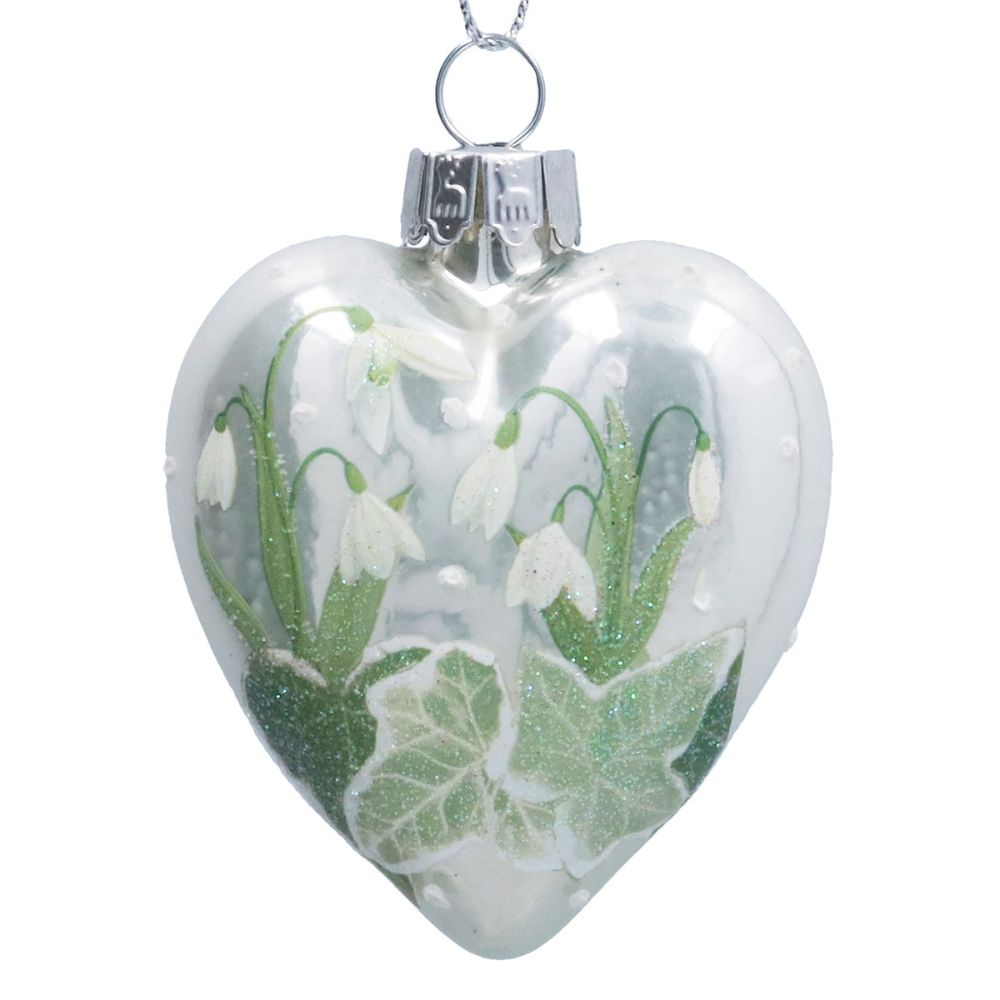 Gisela Graham Glass Heart with Snowdrops Hanging Decoration