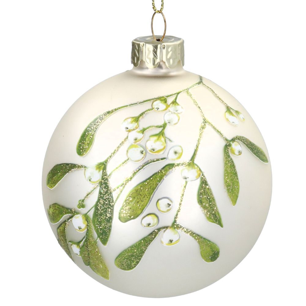 Gisela Graham Matt Off White Mistletoe Glass Bauble