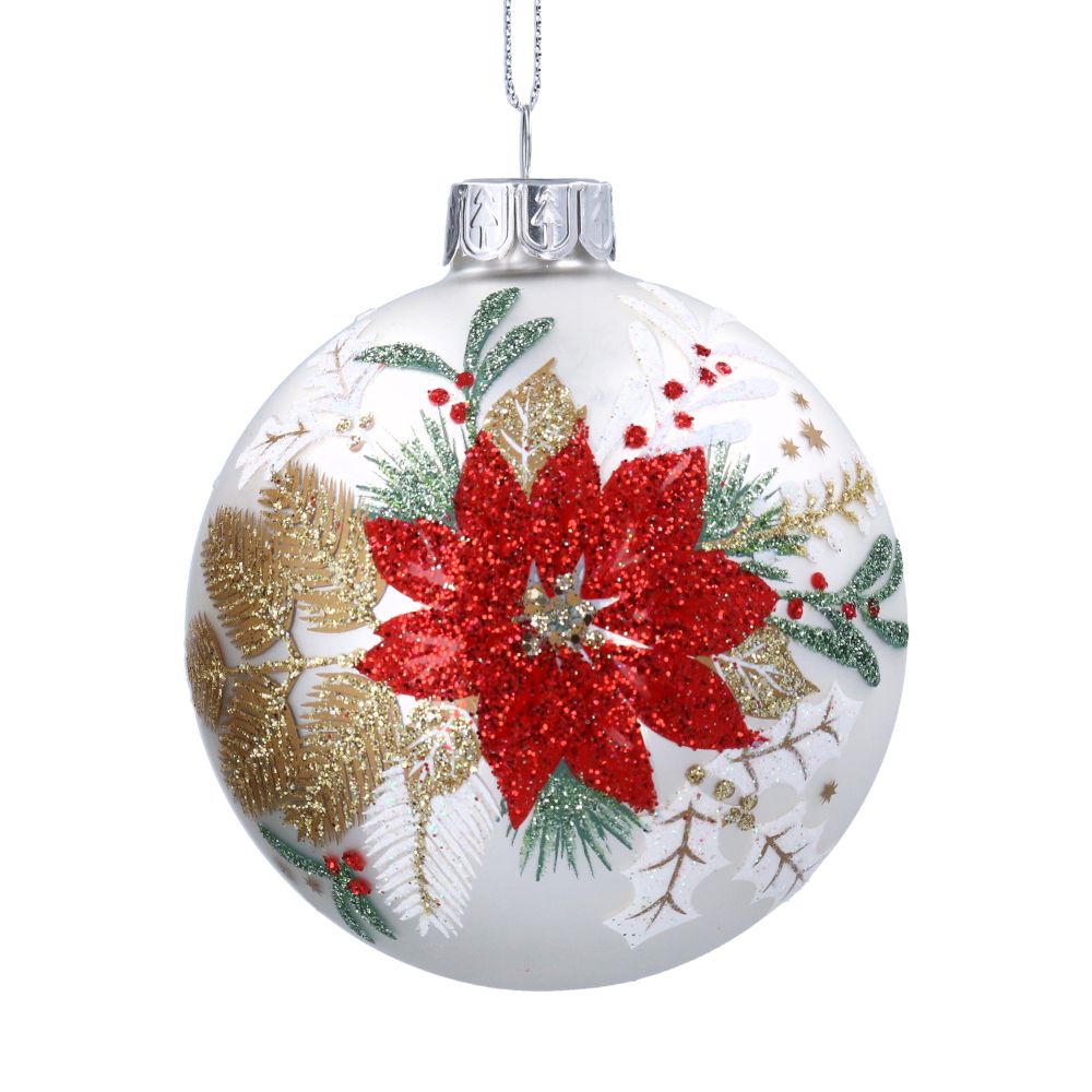 Gisela Graham Matt White & Red Poinsettia Glass Bauble