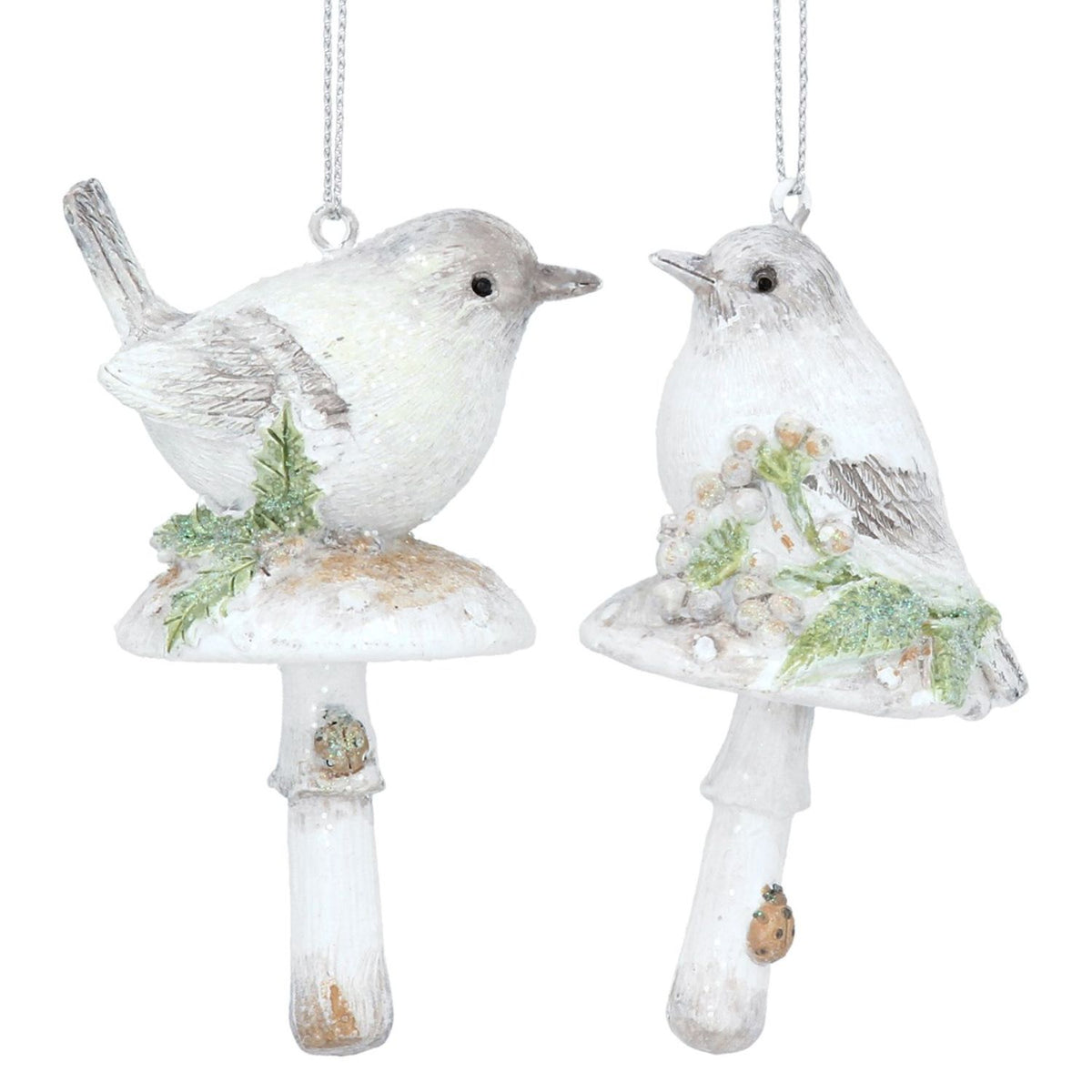 Gisela Graham Natural Resin Bird on Toadstool Hanging Decoration (Choice of 2)
