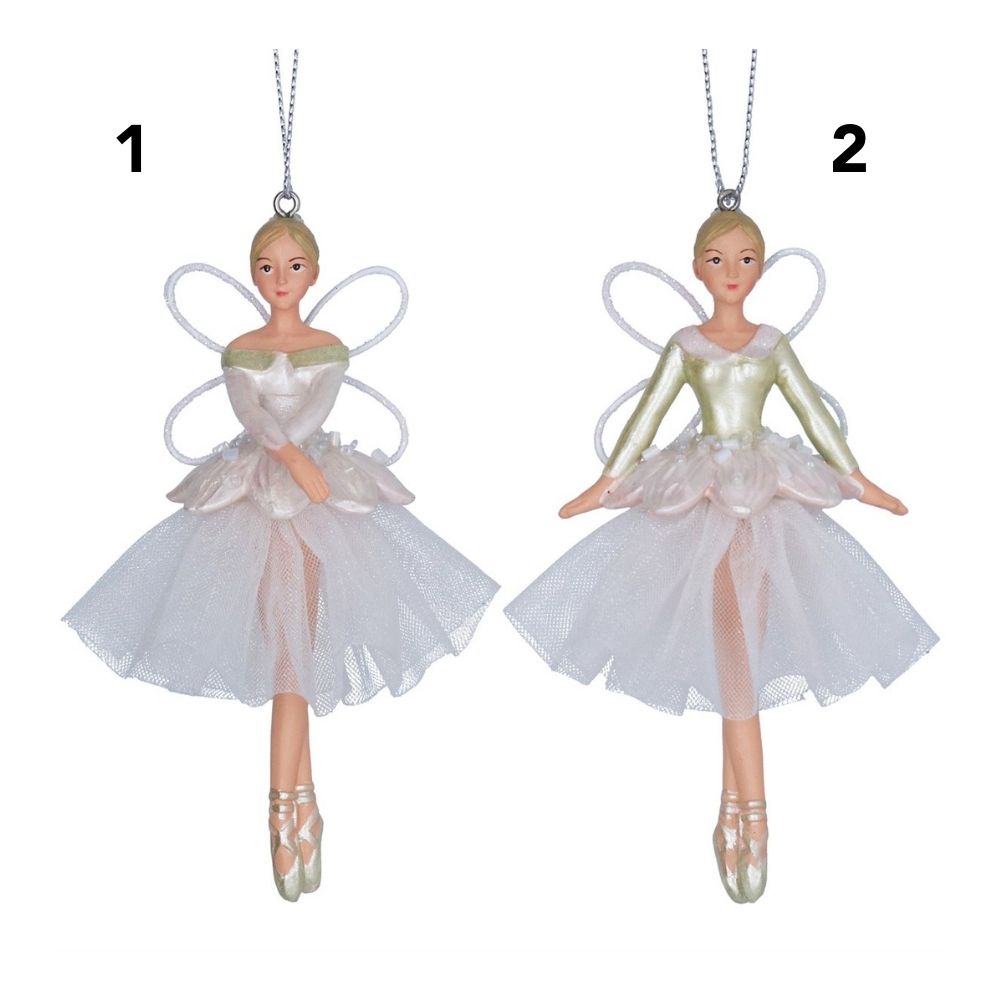 Gisela Graham Resin Organza Fairy Hanging Decoration - White/Green - (Choice of 2)