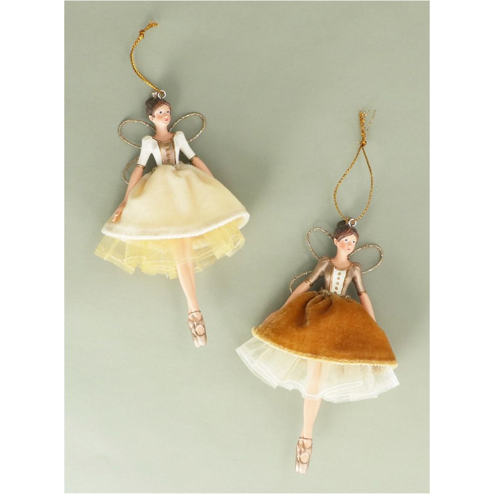 Gisela Graham Velvet Dresses Fairies Decoration - Cream/Gold - (Choice of 2)