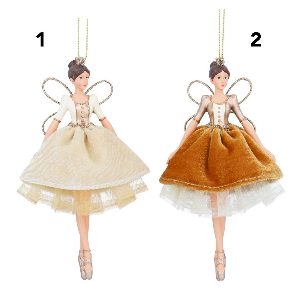 Gisela Graham Velvet Dresses Fairies Decoration - Cream/Gold - (Choice of 2)