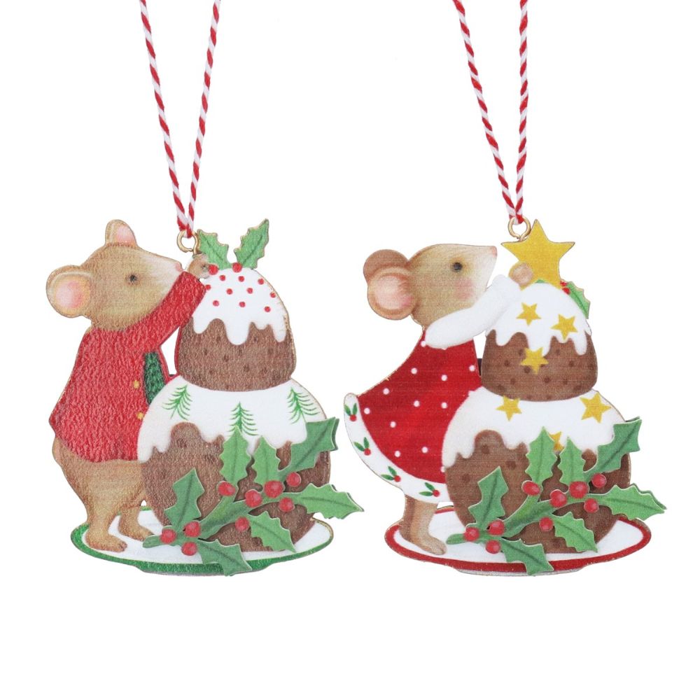 Gisela Graham 8cm Wooden Mouse Hanging Decoration - (Choice of 2)