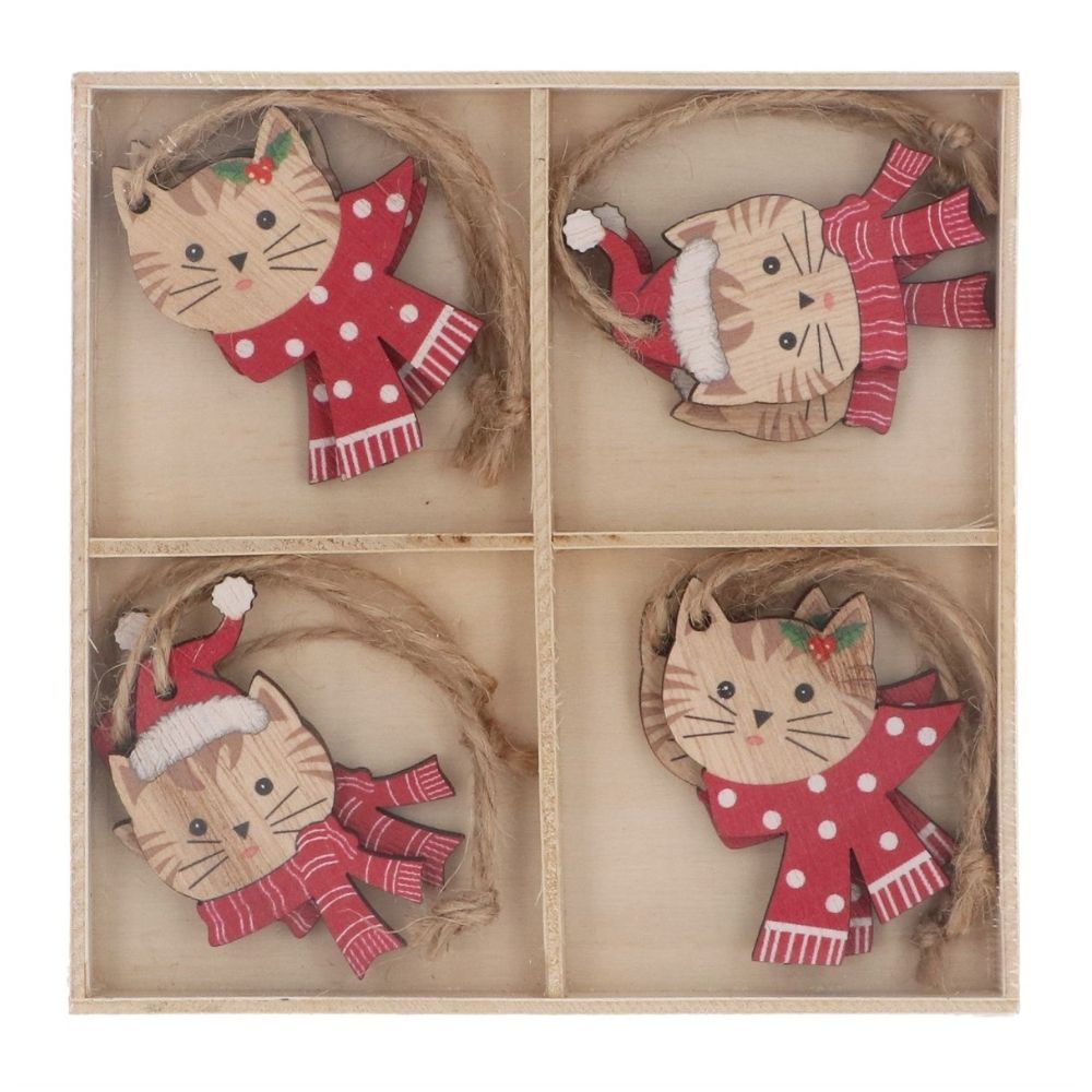 Gisela Graham Wooden Painted Cat Hanging Decoration - (Set of 8)