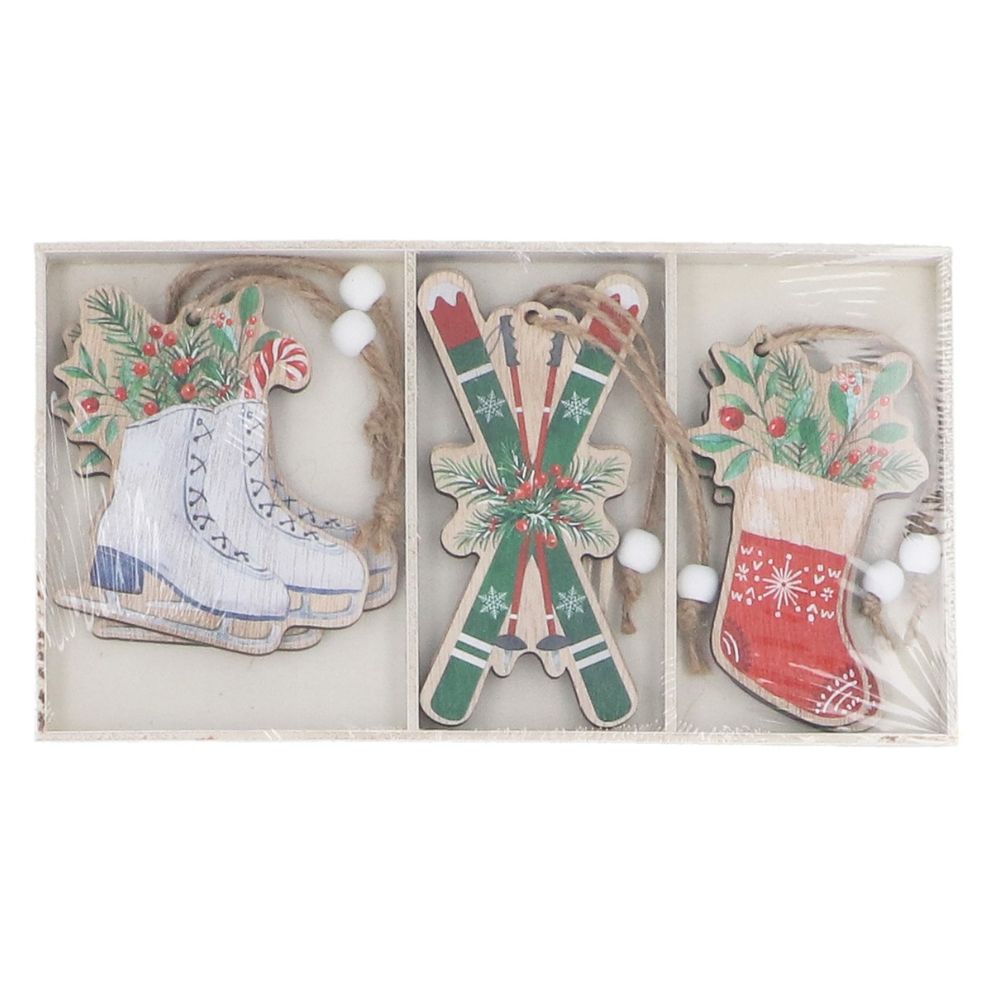 Gisela Graham Wooden Skates/Skis/Stocking Hanging Decoration - (Box of 9)