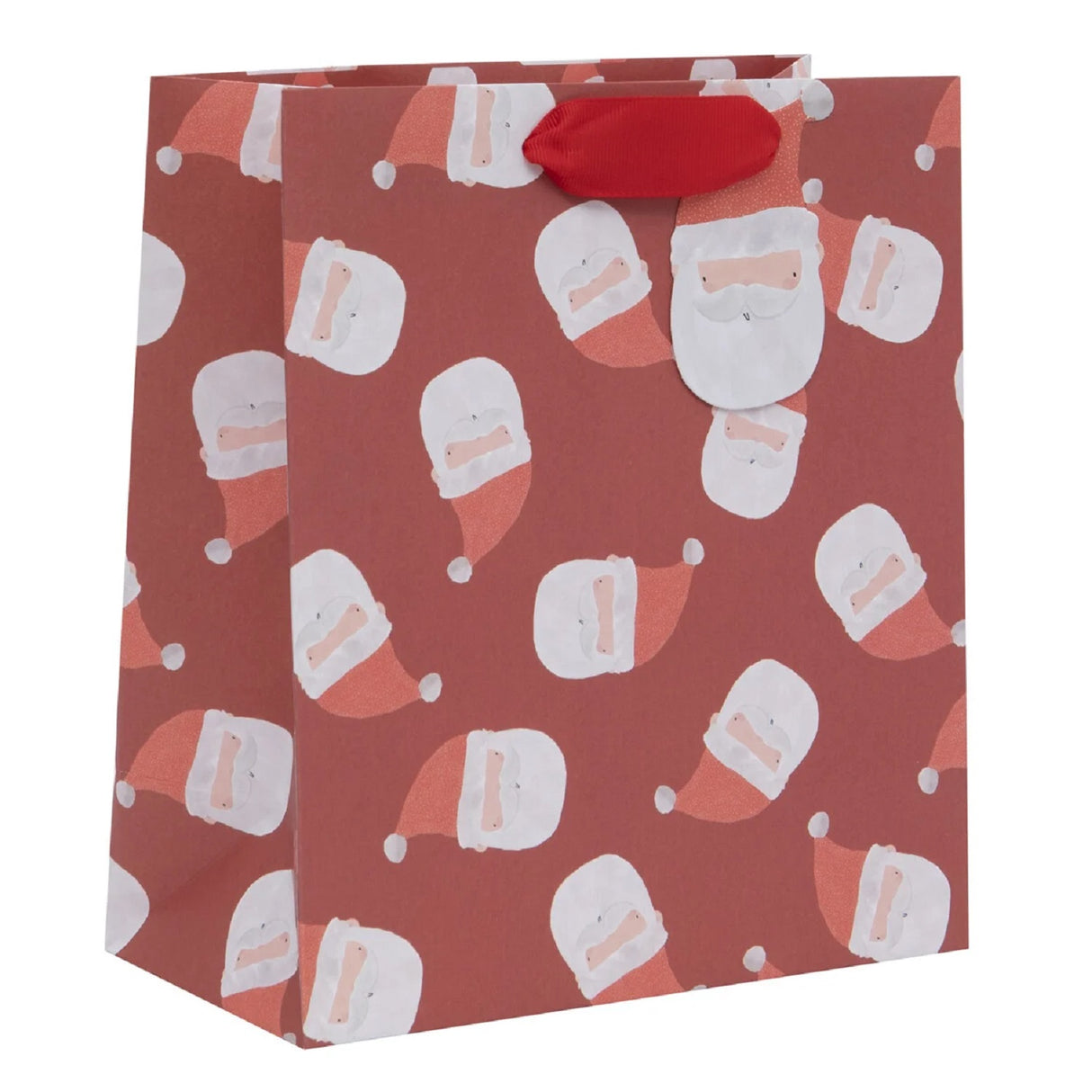 Gift bag with Santa Claus pattern on a red background
