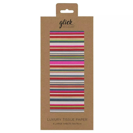 Packaged tissue paper with colorful stripes on a brown cardboard box, featuring the brand 'glick'.