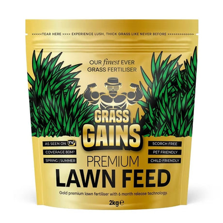 Grass Gains 2kg (80m2) Premium Lawn Feed - Gold Edition - Old Railway Line Garden Centre