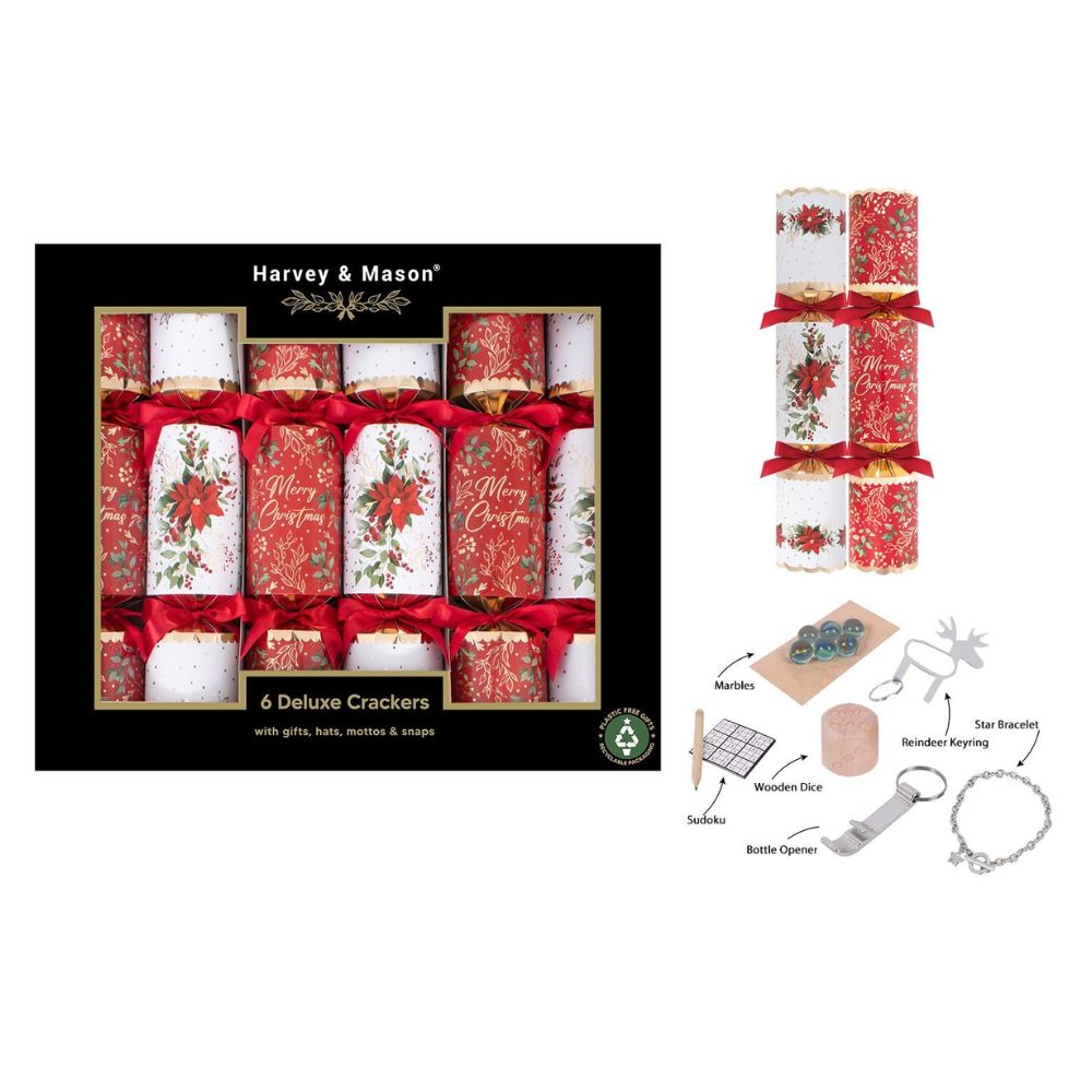 Harvey & Mason 6 Deluxe Poinsettia 13.5" Christmas Crackers