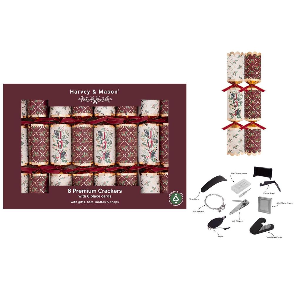 Harvey & Mason 8 Premium Burgundy Joy 12.5" Christmas Crackers