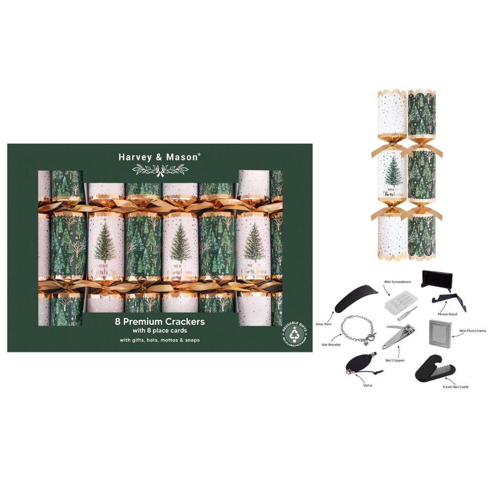 Harvey & Mason 8 Premium Green Tree 12.5" Christmas Crackers