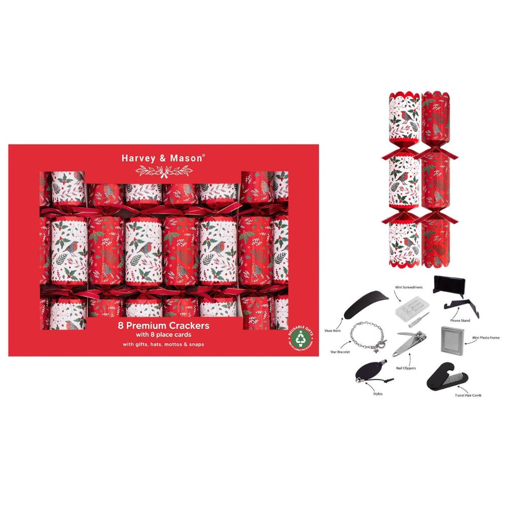 Harvey & Mason 8 Premium Red Robin 12.5" Christmas Crackers