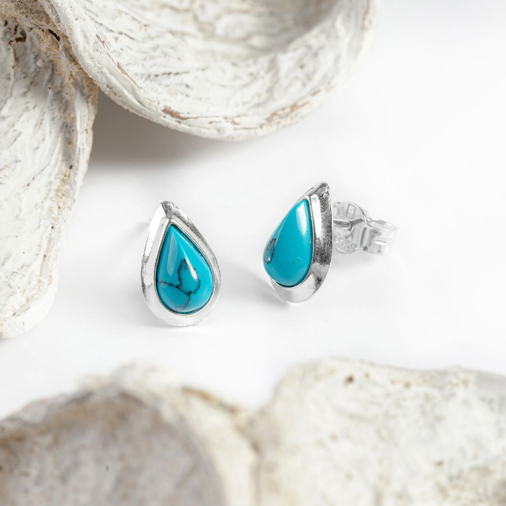 Henryka Classic Teardrop Stud Earrings in Silver and Turquoise
