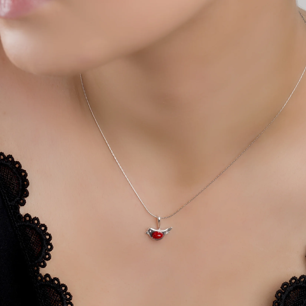 Henryka Cute Bird Necklace in Silver and Coral