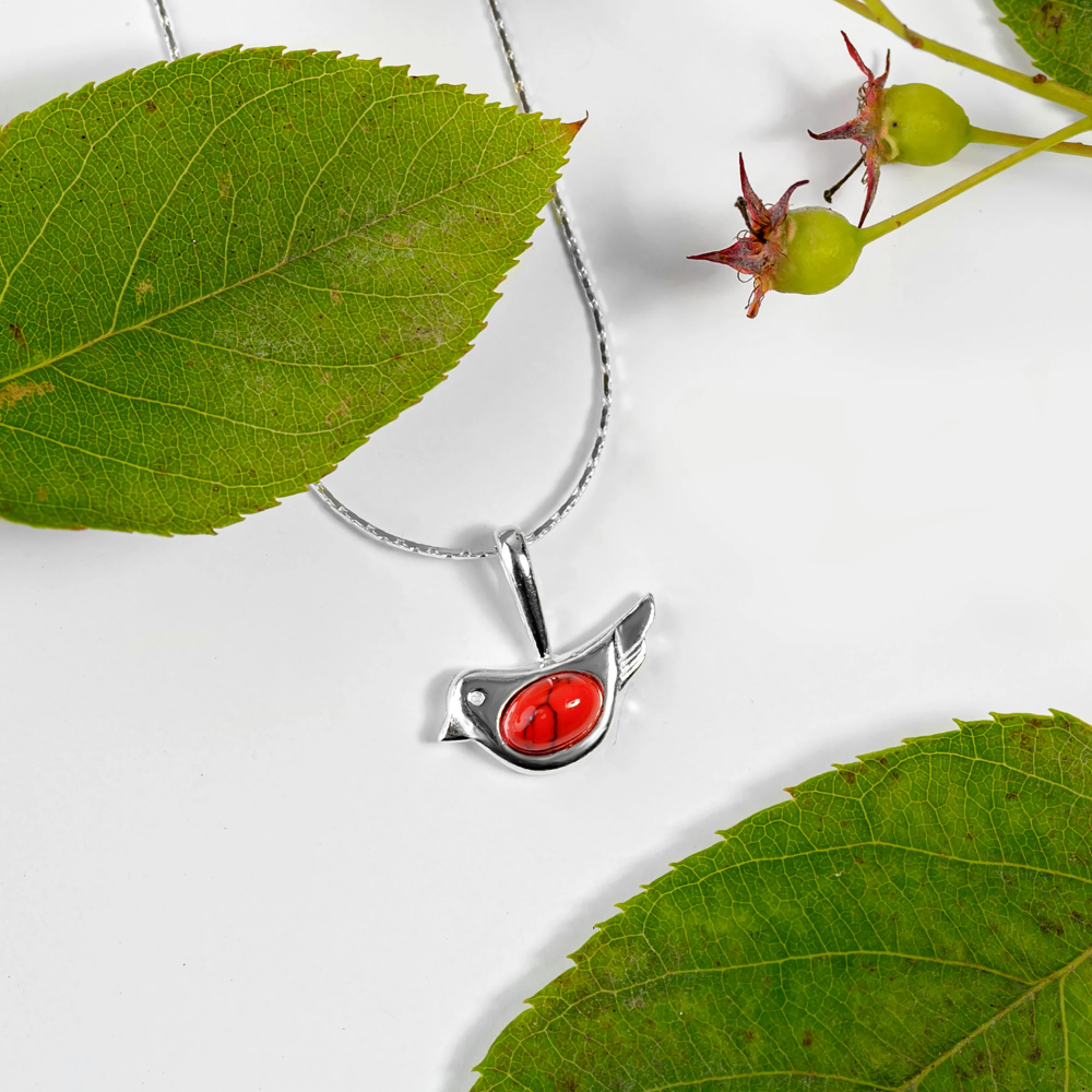Henryka Cute Bird Necklace in Silver and Coral