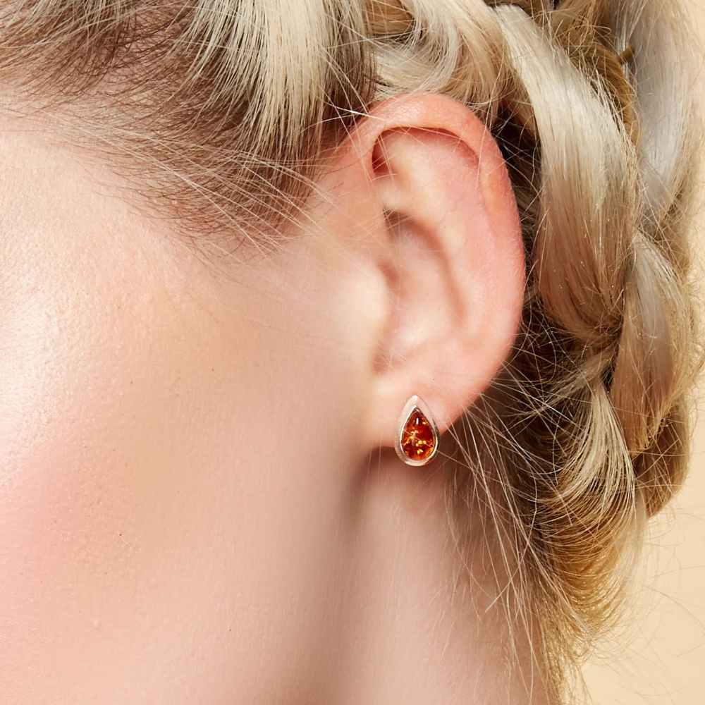 Henryka Silver & Cognac Amber Classic Teardrop Stud Earrings