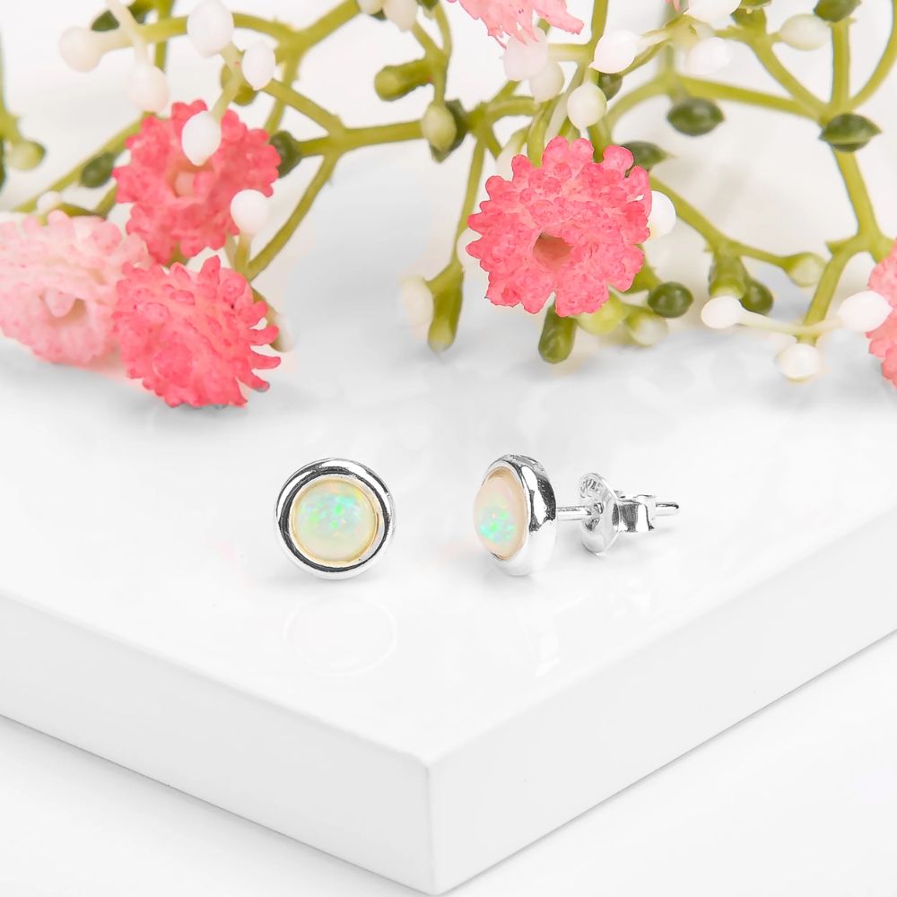 Henryka Small Round Stud Earrings in Silver and Ethiopian Opal