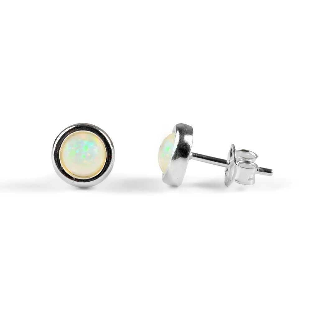 Henryka Small Round Stud Earrings in Silver and Ethiopian Opal
