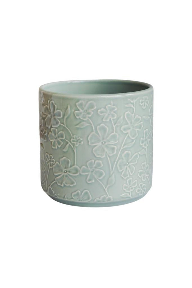 Ivyline 14cm Mint Green Betsy Embossed Floral Indoor Pot - BEFPM15 - Old Railway Line Garden Centre