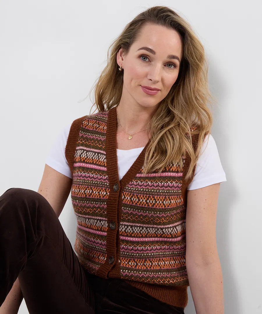 Joe Browns Autumn Days Fairisle Button Through Knitted Vest - Brown