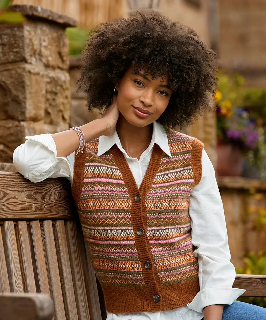 Joe Browns Autumn Days Fairisle Button Through Knitted Vest - Brown