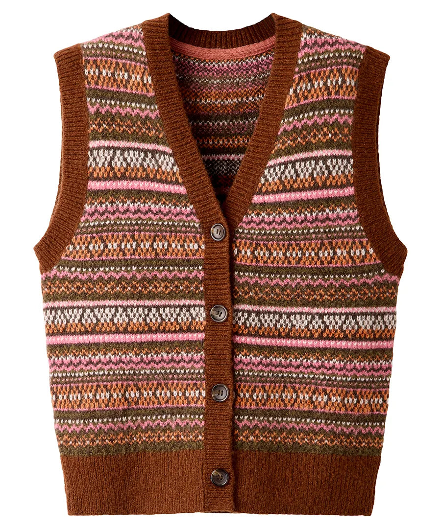 Joe Browns Autumn Days Fairisle Button Through Knitted Vest - Brown
