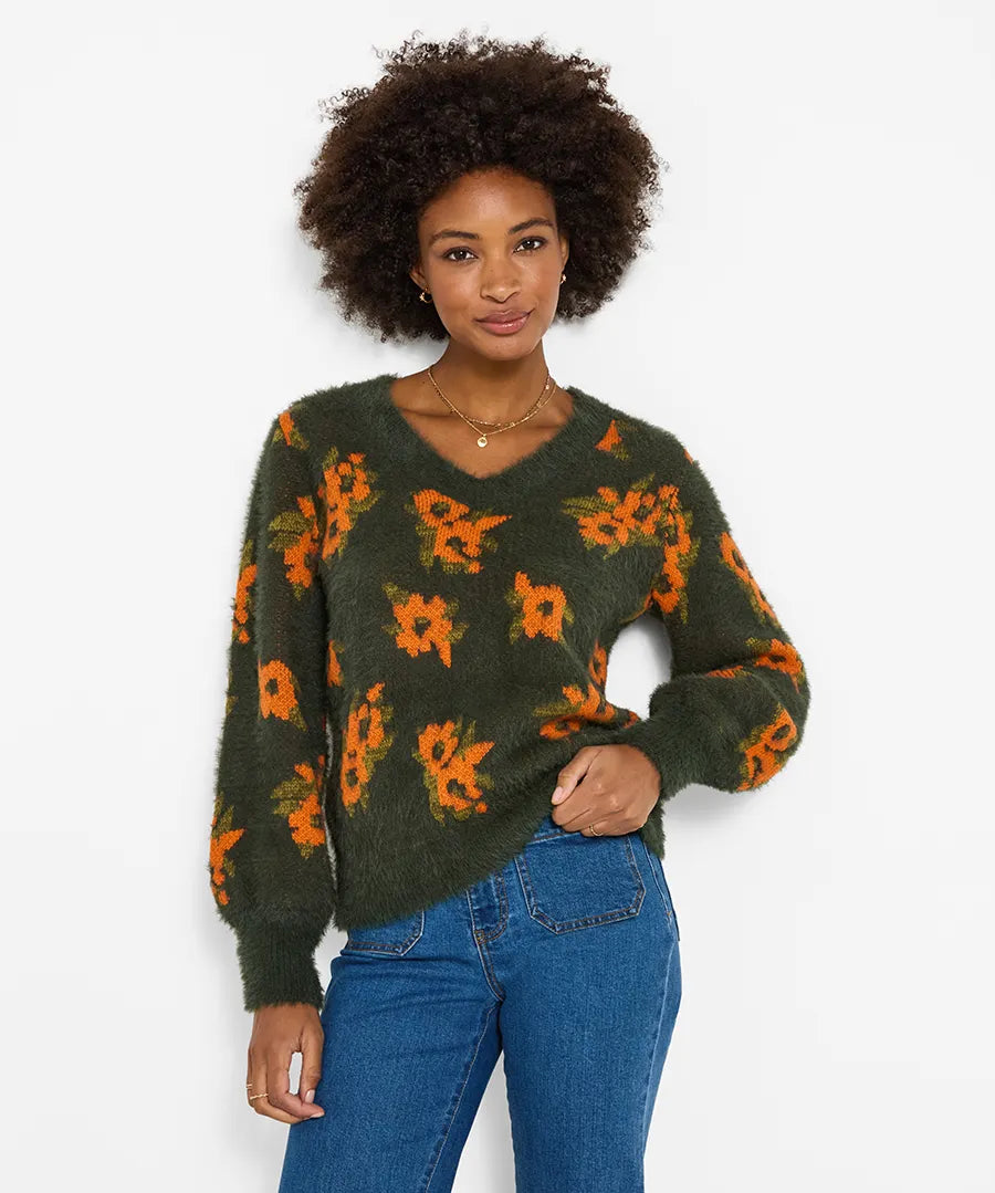 Joe Browns Autumn Florals Fluffy V-Neck Jumper - Green