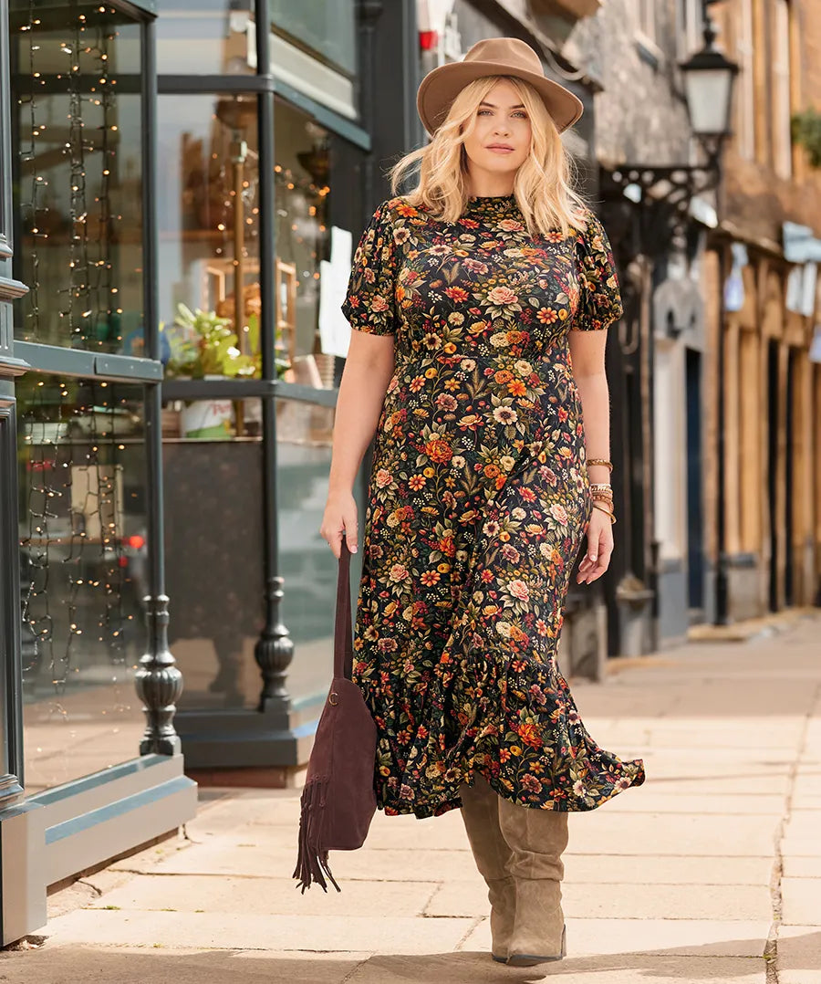 Joe Browns Autumn Florals High Neck Jersey Midi Dress - Black
