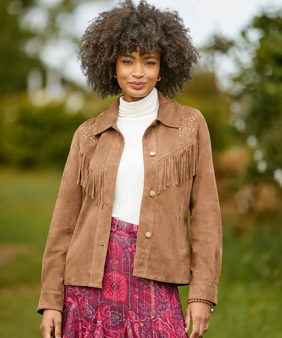 Joe Browns Celeste Star Studded Fringed Suede Jacket - Tan