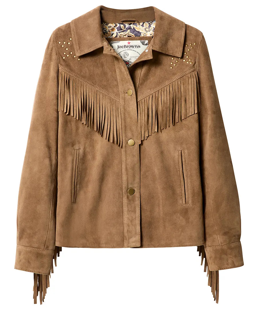 Joe Browns Celeste Star Studded Fringed Suede Jacket - Tan