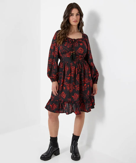 Joe Browns Dramatic Floral Frill Hem Mini Dress - Black