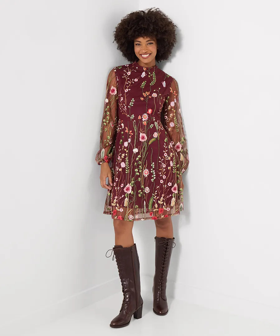 Joe Browns Ellie Floral Embroidered Long Sleeve Dress - Berry