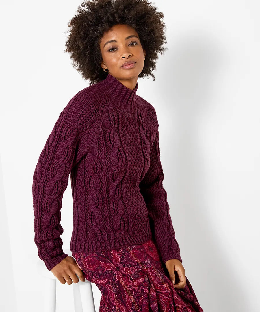 Joe Browns Freya Cable Knit High Neck Jumper - Plum