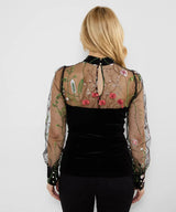 Joe Browns High Neck Velvet Embroidered Mesh Sleeves Top - Black