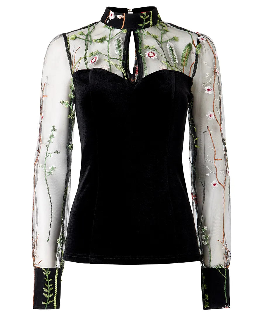 Joe Browns High Neck Velvet Embroidered Mesh Sleeves Top - Black