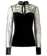 Joe Browns High Neck Velvet Embroidered Mesh Sleeves Top - Black