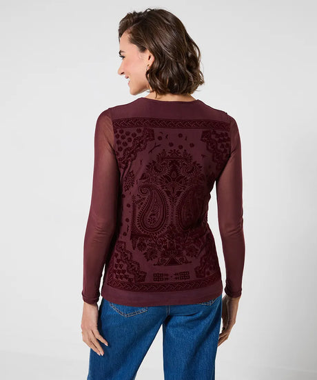 Joe Browns Long Sleeve Mesh Top With Flocked Print - Brown