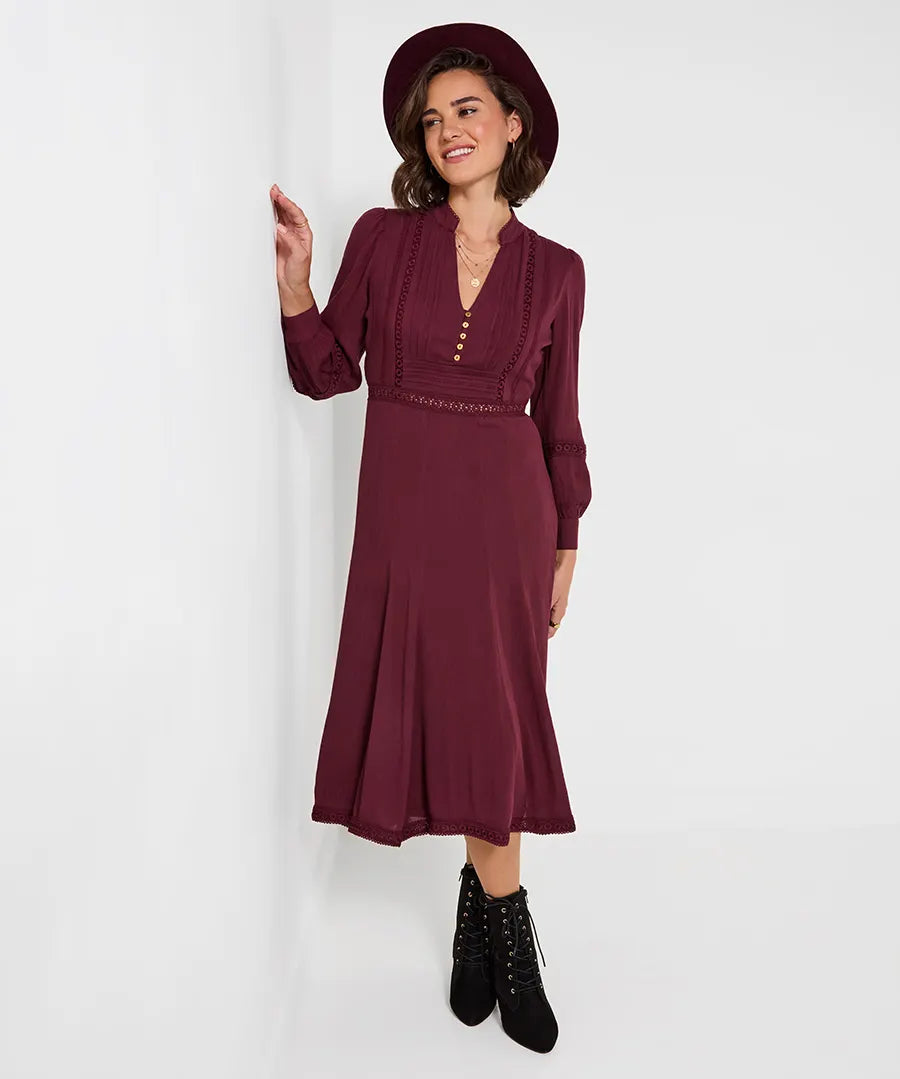 Joe Browns Preya Long Sleeve Midi Dress - Plum