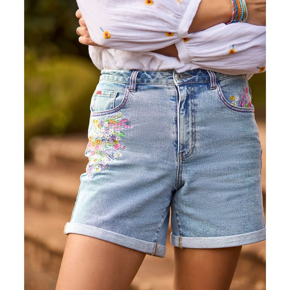 Joe Browns Spring Florals Embroidered Denim Shorts - Blue