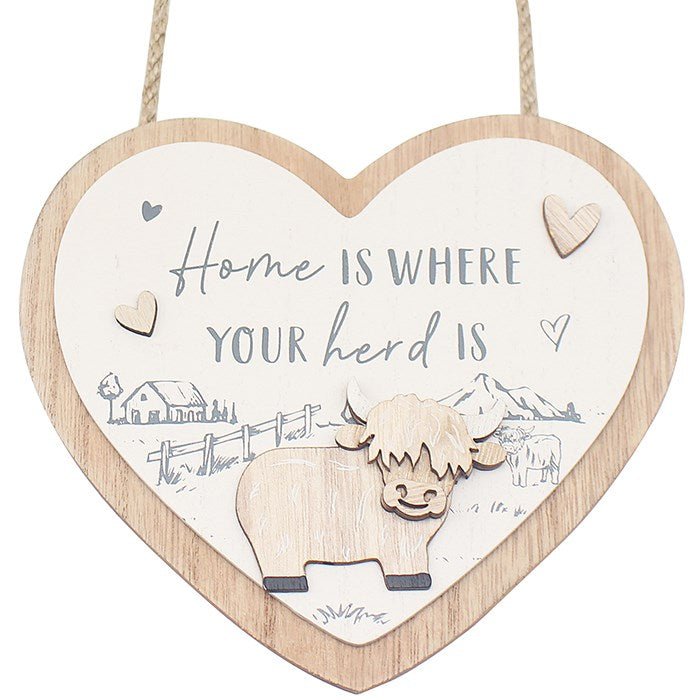 Joe Davies 18cm Highland Cow 'Home' Hanging Heart Plaque - LP74956 - Old Railway Line Garden Centre