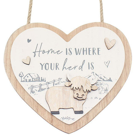 Joe Davies 18cm Highland Cow 'Home' Hanging Heart Plaque - LP74956 - Old Railway Line Garden Centre